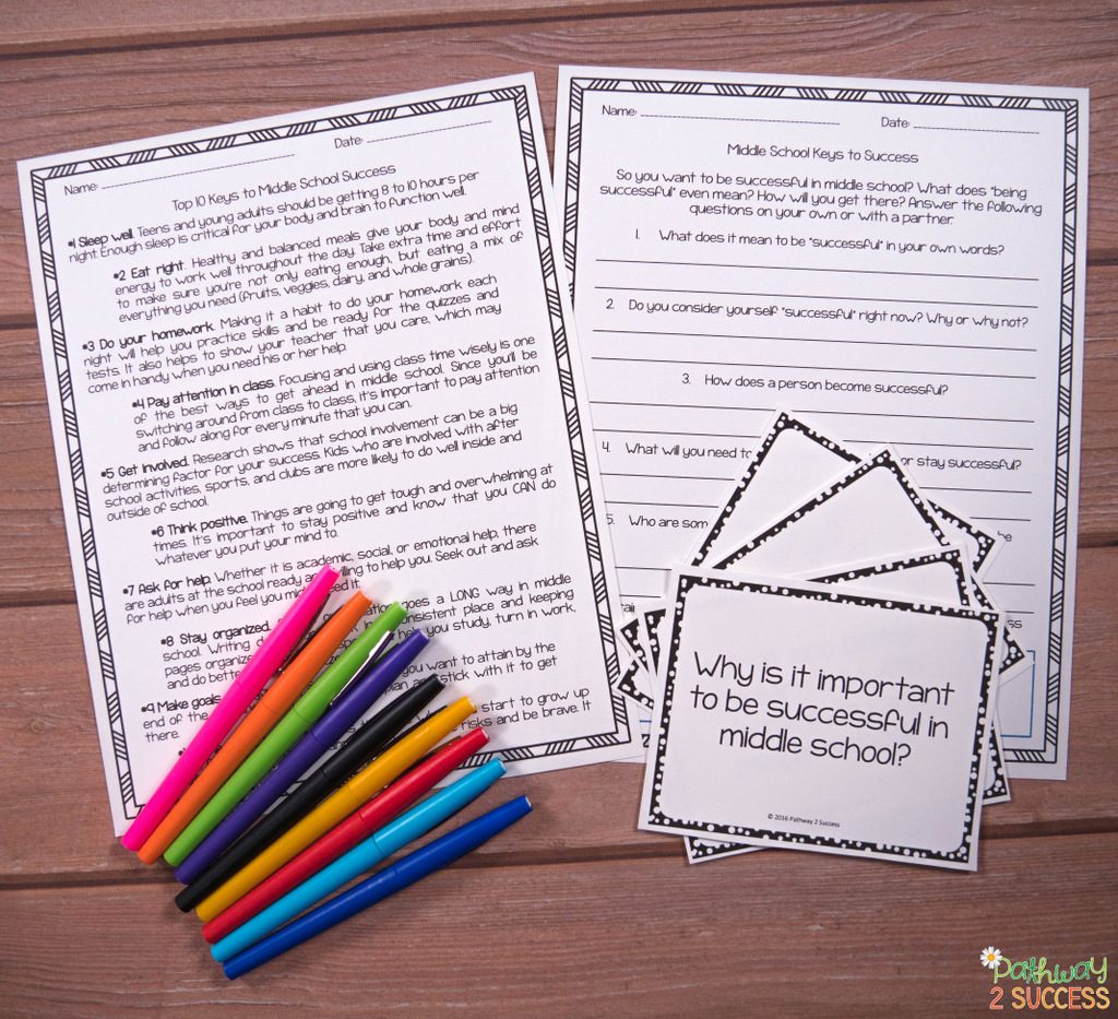 These top 10 middle school keys to success include a free set of printable worksheets and task cards to help young adults start the middle school years off right. Middle school hacks for success focus on staying organized, getting involved in activities, and more. #middleschool #teens #pathway2success Top 10 Middle School Keys to Success Free Activity