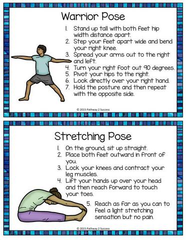 Relaxation Task Cards featuring two yoga poses, Warrior and Stretching Poses, and steps on how to do them