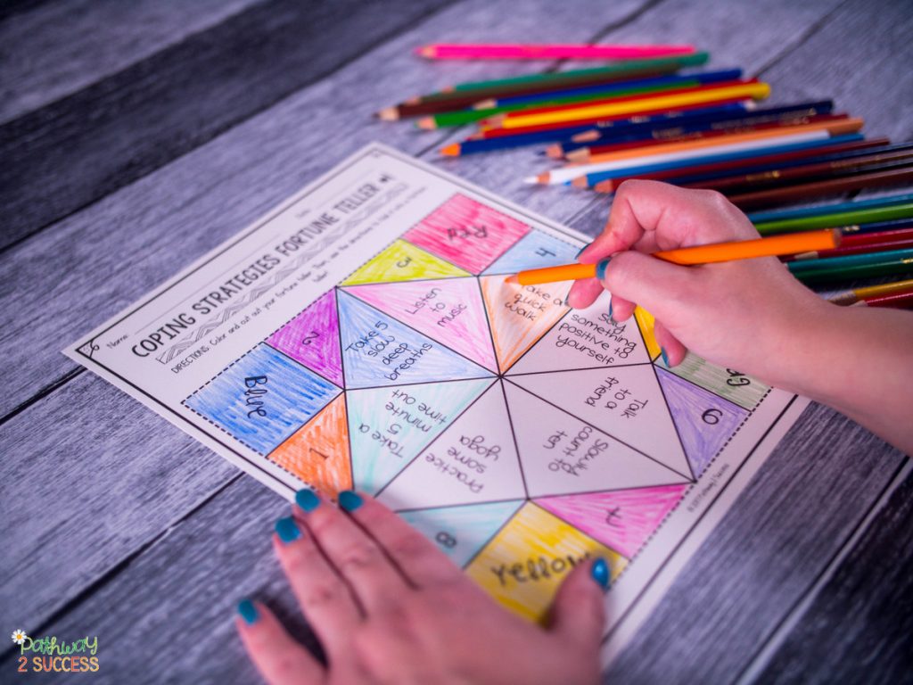 Coping strategies fortune teller coloring activity