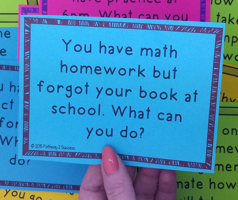 Executive functioning task card reads: You have math homework but forgot your book at school. What can you do?
