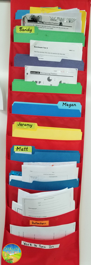Hanging file folder to keep students organized in the classroom