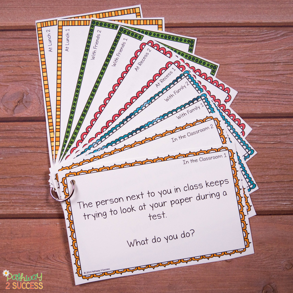 How to teach social problem solving to kids and teens with a free activity. Learn how you can put these task cards on a ring and use them to discuss real life scenarios problem social skills problem solving! #socialskills #socialemotionallearning #problemsolving #sel #pathway2success Social Problem Solving Task Cards