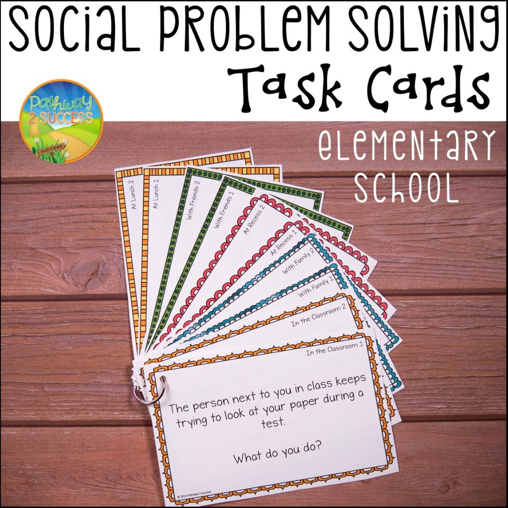 How to teach social problem solving to kids and teens with a free activity. Learn how you can put these task cards on a ring and use them to discuss real life scenarios problem social skills problem solving! #socialskills #socialemotionallearning #problemsolving #sel #pathway2success Social Scenario Problem Solving Task Cards