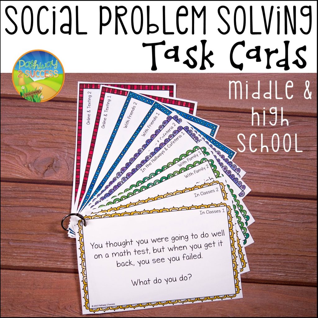 How to teach social problem solving to kids and teens with a free activity. Learn how you can put these task cards on a ring and use them to discuss real life scenarios problem social skills problem solving! #socialskills #socialemotionallearning #problemsolving #sel #pathway2success Social Problem Solving Task Cards for Middle and High School