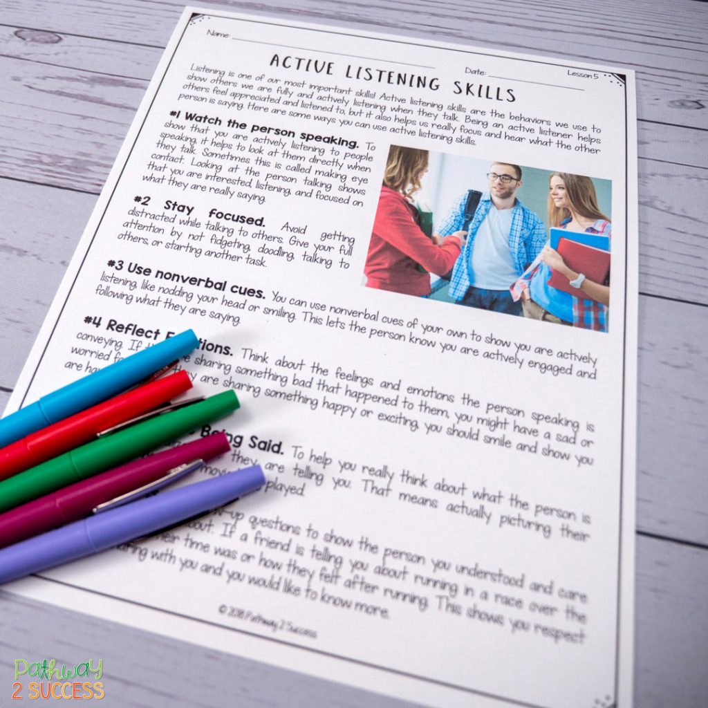 Teaching kids and young adults active listening skills is an important social emotional learning skill. Read up on this and more ways to integrate social emotional learning in the classroom. SEL activities and ideas can be applied at the preschool, elementary, middle, and high school levels! #sel #socialemotionallearning #socialskills #pathway2success Teaching kids and young adults active listening skills is an important social emotional learning skill. Read up on this and more ways to integrate social emotional learning in the classroom. SEL activities and ideas can be applied at the preschool, elementary, middle, and high school levels!