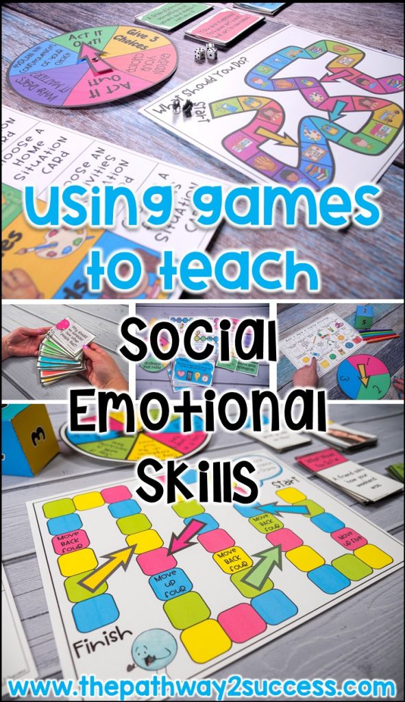 Games to teach social emotional learning skills, including social problem solving, communication, empathy, and more. Games are a fun and interactive way to teach kids and young adults SEL skills! Perfect for small groups, morning meeting, or break time. #socialskills #socialemotionallearning #pathway2success