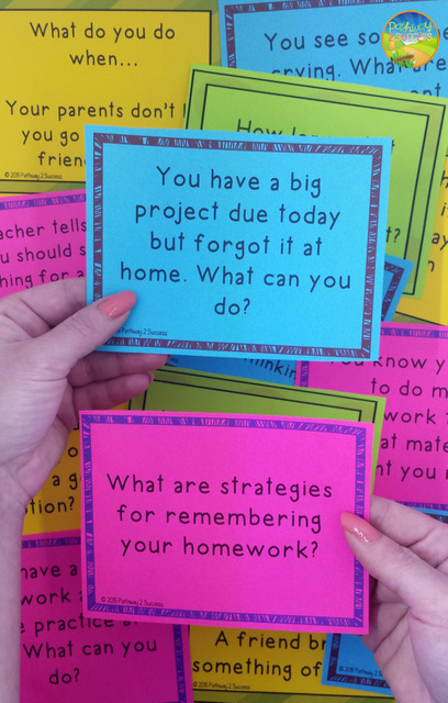 Executive functioning task cards. Cards read: You have a big project due today but forgot it at home. What can you do? What are strategies for remembering your homework?