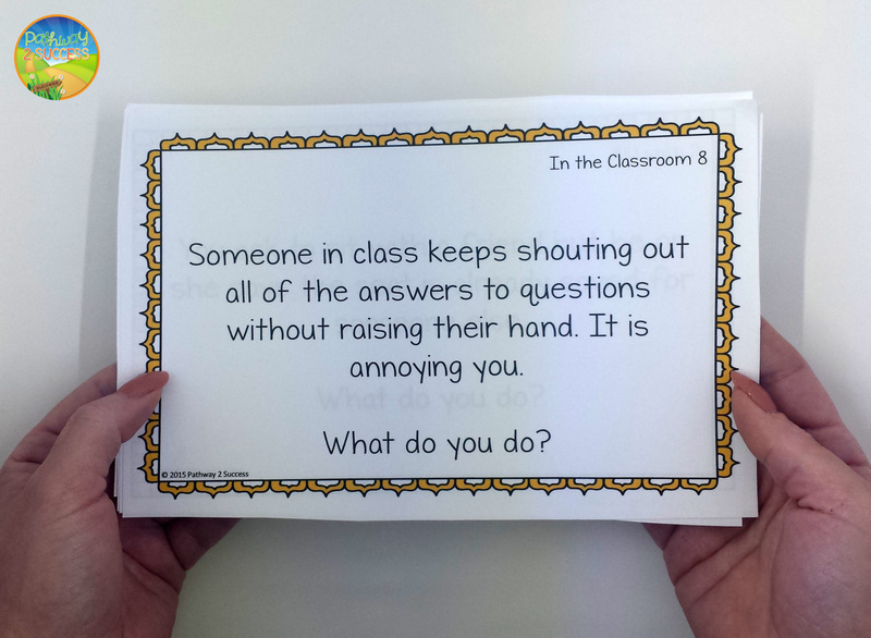 Social Scenario Problem Solving Task Cards. Task card reads: Someone in class keeps shouting out all of the answers to questions without raising their hand. It is annoying you. What do you do?