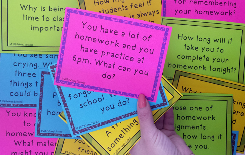 Executive functioning task card reads: You have a lot of homework and you have practice at 6pm. What can you do?