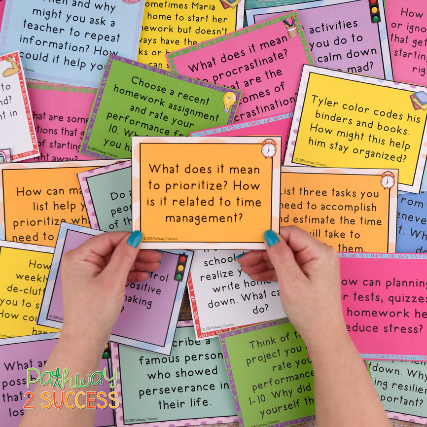 Executive functioning task cards. Task card reads: What does it mean to prioritize? How is it related to time management?