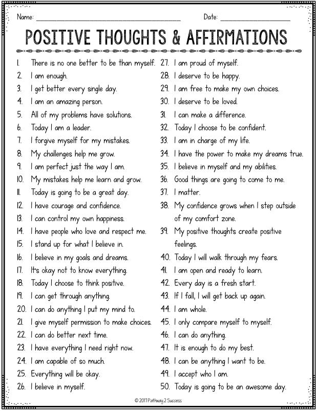 Free positive thoughts and affirmations list and more to help kids and young adults with social emotional learning skills. #sel #socialemotionallearning #pathway2success #positivethinking #affirmations