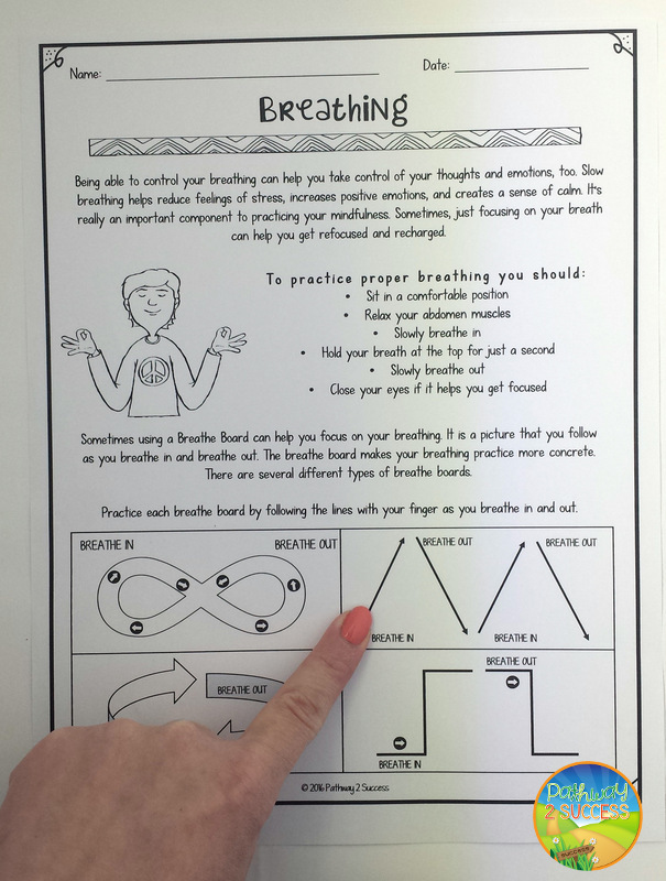10 mindfulness activities you can try today with kids and teens! Techniques include coloring, breathing exercises, meditation, positive affirmation quotes, and more. #mindfulness #mindful #zen #copingstrategies #pathway2success Using Visuals for Mindful Breathing