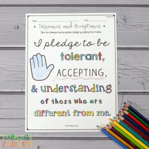 Free tolerance and acceptance pledge coloring page and more to help kids and young adults with social emotional learning skills. #sel #socialemotionallearning #pathway2success
