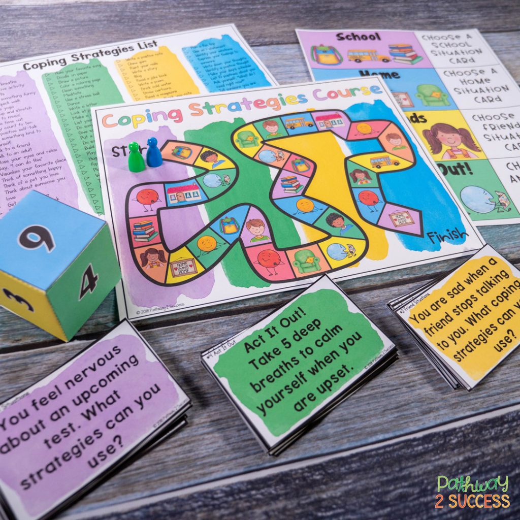 Use a coping strategies board game to help kids practice coping skills.