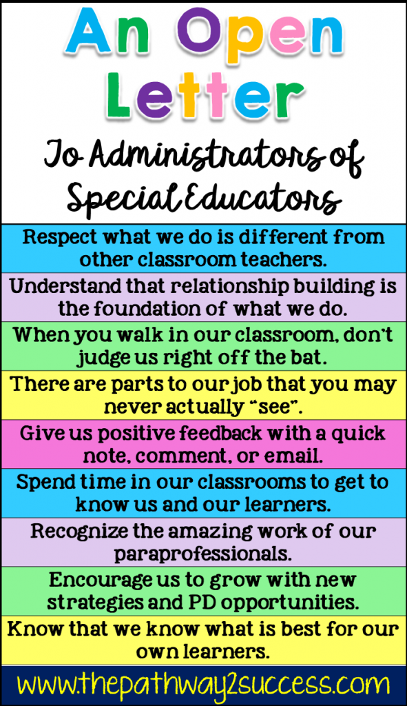 An open letter to administrators of special education teachers sharing ideas for how to support our students, the classroom, our paraprofessionals, and our learning as a whole. #specialeducation #specialed #teaching