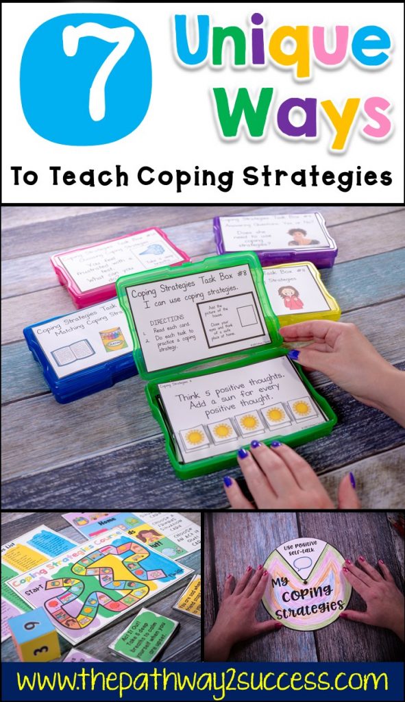 7 unique and interactive strategies for teaching coping skills to kids and teens. Read this blog post to see how you can make a DIY coping strategies wheel, use task boxes, and complete a free challenge to teach skills for managing emotions. #copingstrategies #copingskills #pathway2success