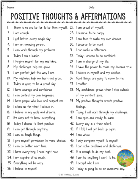 Positive thoughts and affirmations list for kids and teens