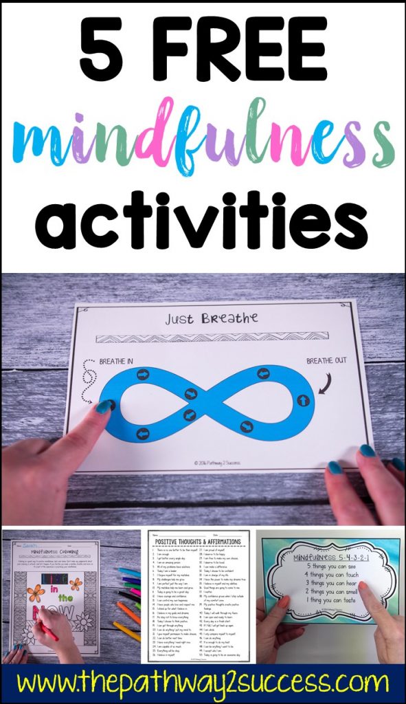 Check out these 5 free mindfulness activities you can use with kids and teens today to help them become more focused, positive, and in control of emotions! Use mindful coloring, mindful breathing, positive affirmations, and more. Kids and young adults will love these strategies and you can use them again and again! #pathway2success #mindfulness #bemindful #mindfulkids