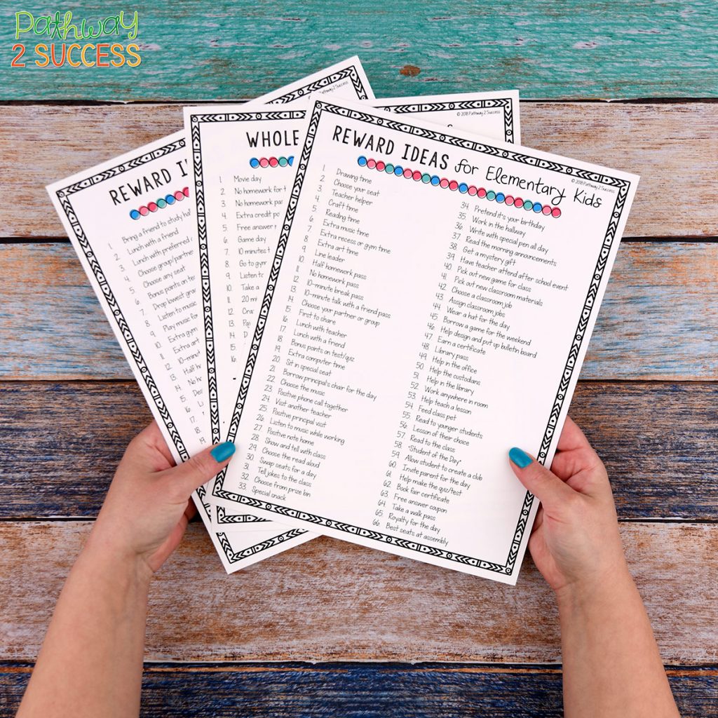 Over fifty free rewards and incentives ideas for positive reinforcement for students! Rewards for children and young adults can be a powerful classroom management tool to increase positive behavior. It's important to keep rewards fun and fresh in school! Use this free printable list to give some strategies and ideas. #behavior #pathway2success