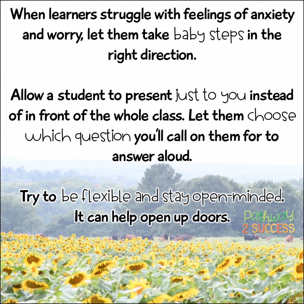 Strategies, activities, and coping skills to help kids and young adults with feelings of anxiety and worries in the classroom. Article includes worksheets, calm down tools, how to recognize signs, and other ideas for educators at school to support students with challenging feelings. #anxiety #pathway2success #socialemotionallearning