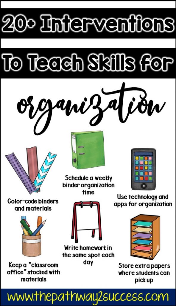Over 20 interventions and supports for helping students who struggle with organization, a critical executive functioning skill necessary for success inside and outside of school. Strategies for kids and teens include activities that can be done at school and at home. Ideal for middle or high school teens. #executivefunctioning #studyskills #organization #pathway2success