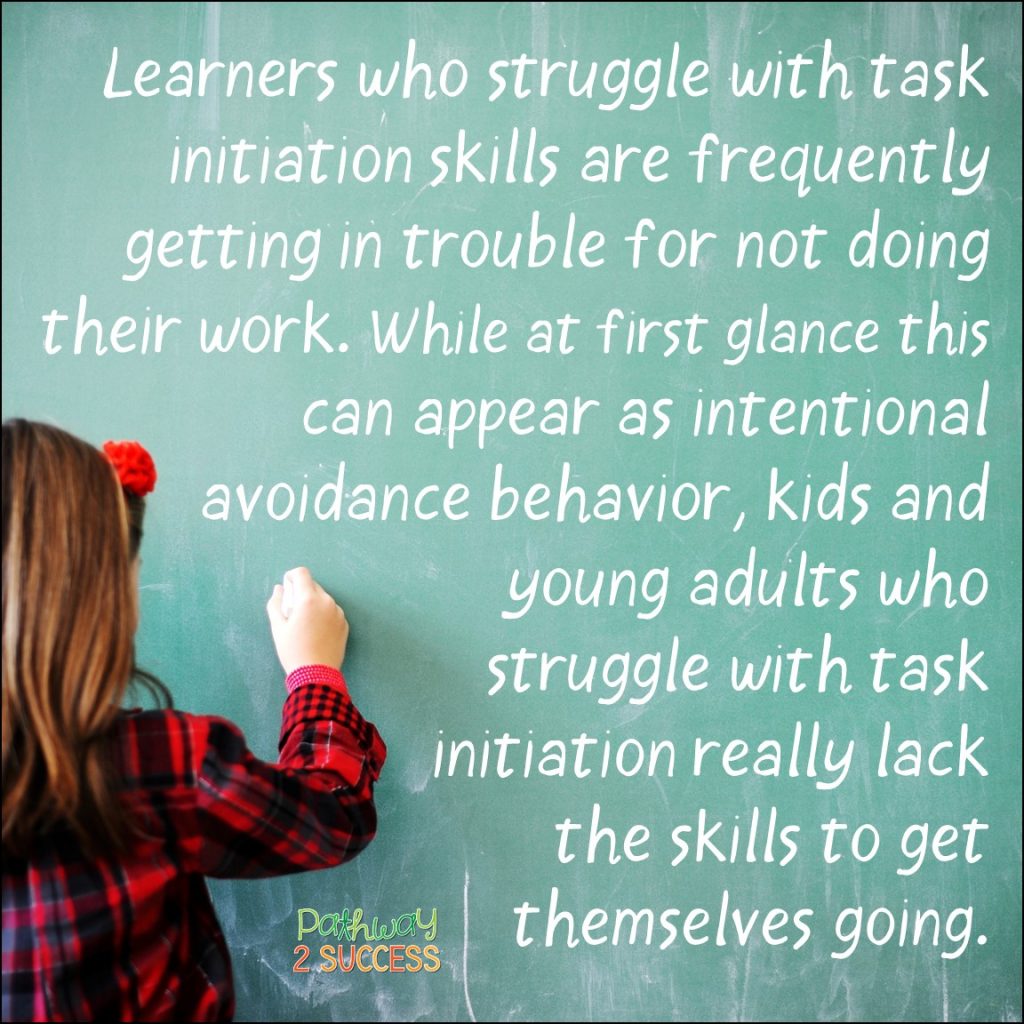 Executive functioning supports and interventions for kids and young adults who struggle with task initiation. These kids and teens might struggle to get started and appear as avoiding work when they actually lack the skills to get themselves going! Supports, interventions, and strategies for educators in the classroom and parents at home to help elementary, middle, and high school students find success. #executivefunctioning #adhd #pathway2success