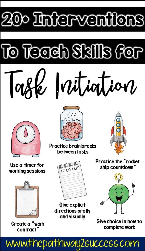 Executive functioning supports and interventions for kids and young adults who struggle with task initiation. These kids and teens might struggle to get started and appear as avoiding work when they actually lack the skills to get themselves going! Supports, interventions, and strategies for educators in the classroom and parents at home to help elementary, middle, and high school students find success. #executivefunctioning #adhd #pathway2success