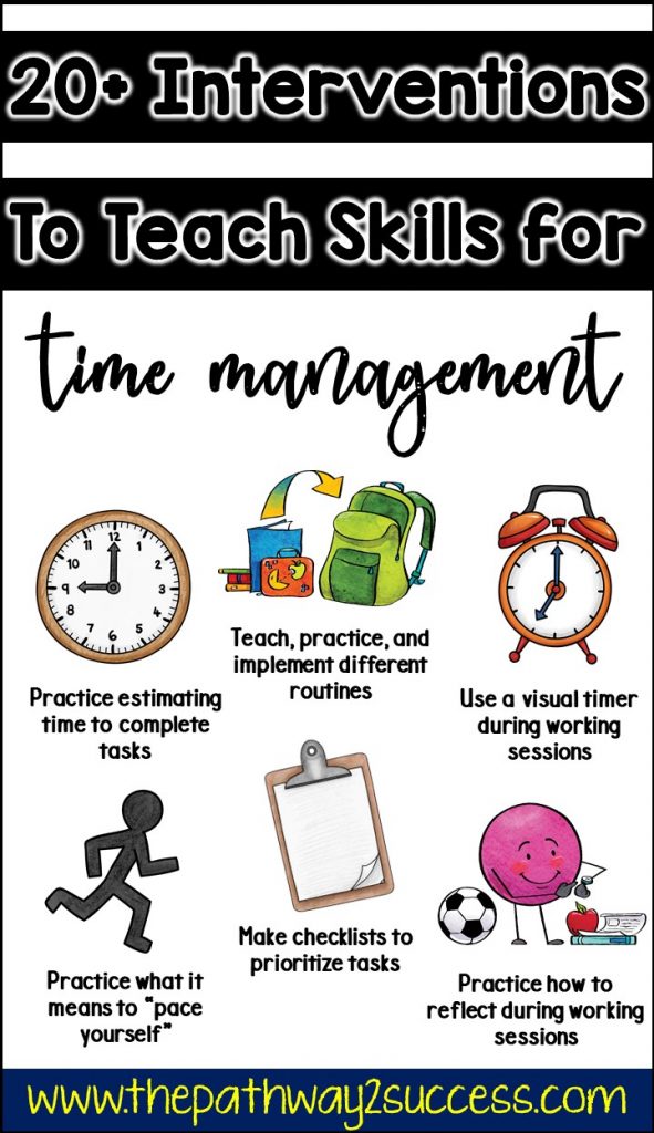 20+ interventions and strategies for kids who struggle with time management! This blog post includes tools, tips, ideas, and printable resources for school AND at home to help young adults and teens learn to use time wisely, procrastinate less, and complete tasks well. Great for students with executive functioning challenges, ADHD, and more. #executivefunctioning #timemanagement #pathway2success