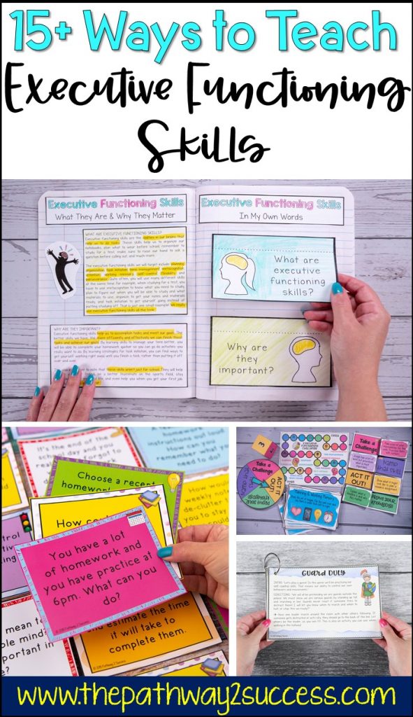 Over 15 ways to teach executive functioning skills to kids and young adults to help them plan, organize, manage time, learn study skills, pay attention, and more. Helpful tips and tricks for educators and support staff to help students be successful in middle and high school. #executivefunctioning #studyskills #pathway2success
