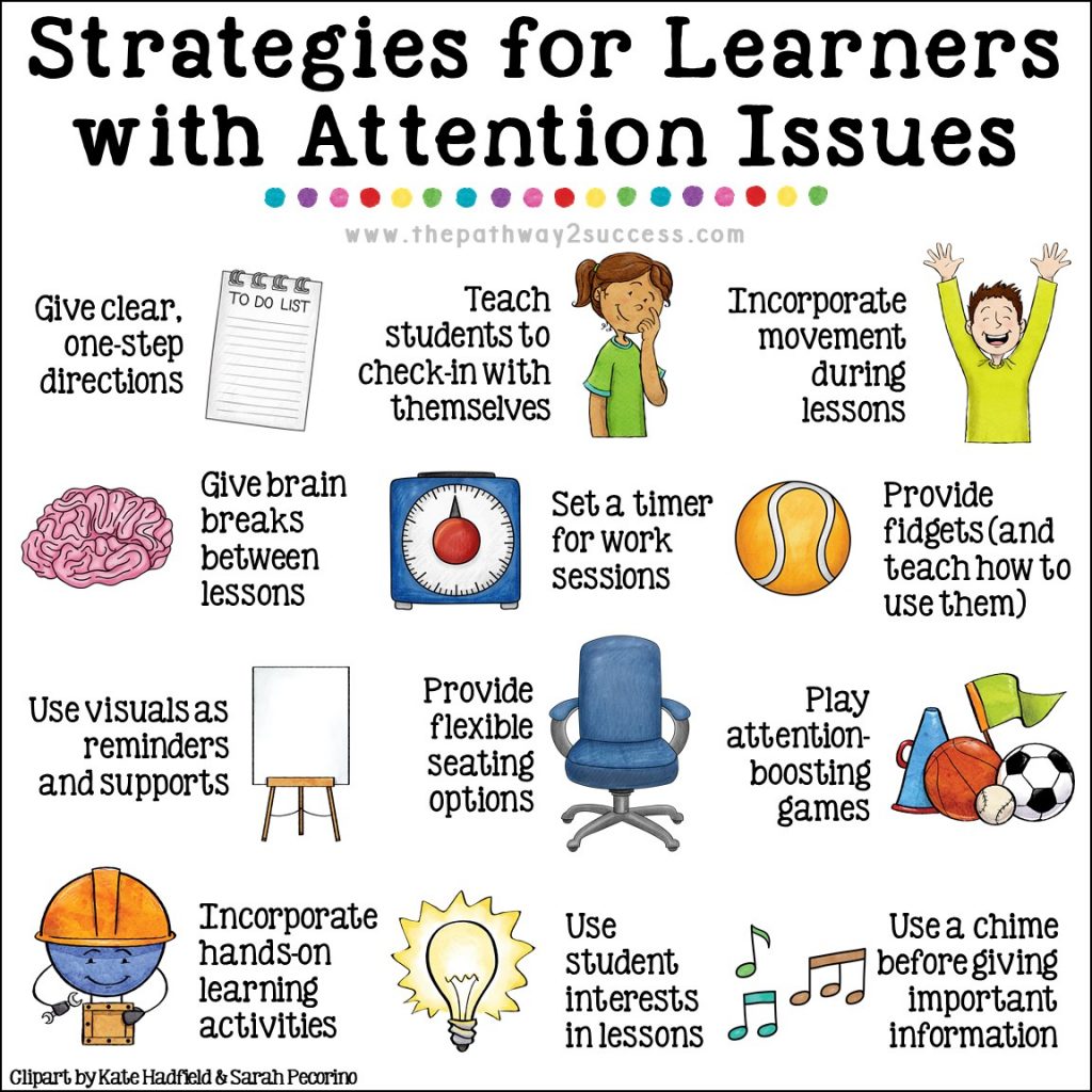 Over 20 interventions, strategies, and supports to help teach attention skills to kids and young adults. Being able to focus and pay attention is a requirement for learning! Use these activities to help students with ADHD and ALL learners improve focus while improving your classroom management. Try attention grabbers, setting a timer, using fidgets, implementing flexible seating, and more. This is for regular education AND special education needs! #adhd #pathway2success