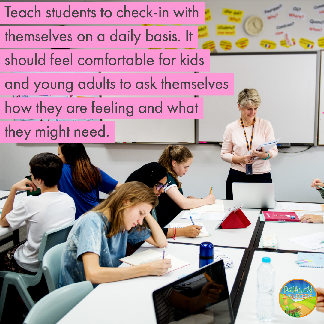 Teach students to check-in with themselves on a daily basis. It should feel comfortable for kids and young adults to ask themselves how they are feeling and what they might need.