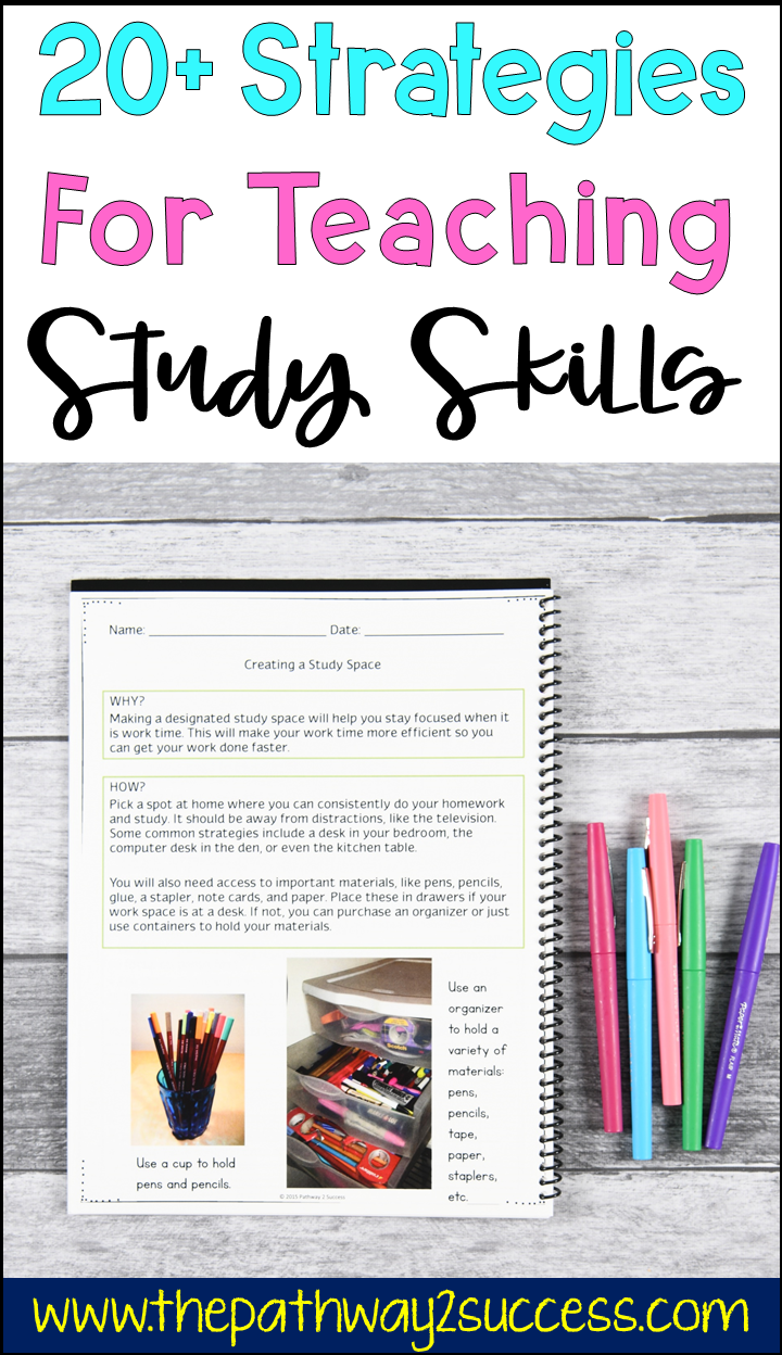 20+ strategies, ideas, and some free resources you can use to teach kids and young adults study strategies for academic success! Students at the middle and high school level need good study habits to do their best, including writing homework down, studying for tests, and staying organized. All teachers can give these a try! #studyskills #pathway2success