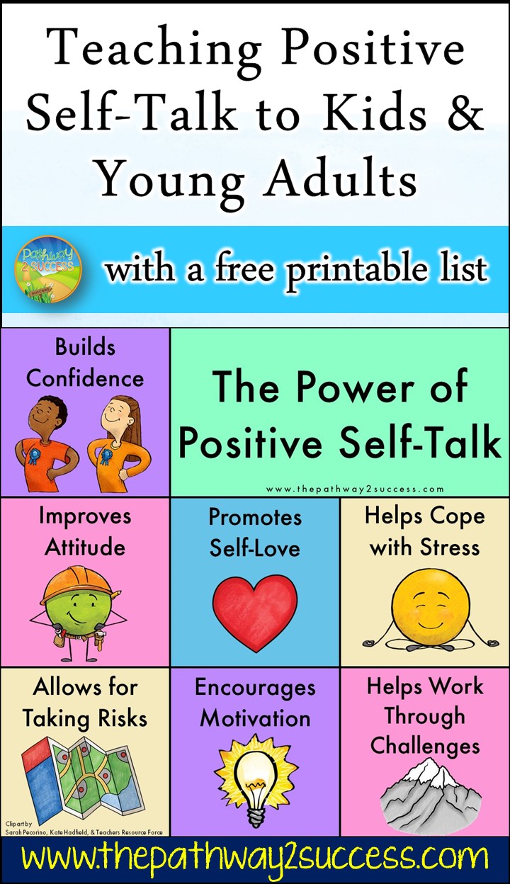Learn simple strategies to teach positive self-talk to children and teen today! Positive affirmations are a healthy way to promote positive thinking skills with students to help them manage tough emotions, work through challenges, and recognize their own individual potential. This article comes with ready to use ideas and free printable lists to get started. #positiveselftalk #pathway2success