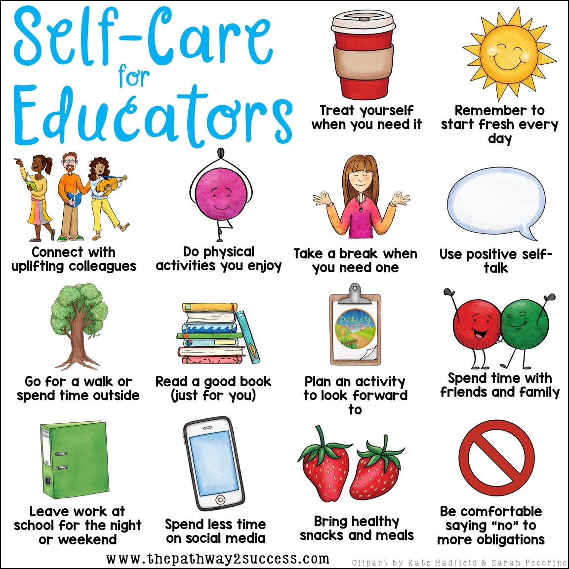 Strategies for self-care for teachers and other educational support staff. Teaching is tough! It's important to put mental, physical, and emotional health first. Use these strategies to help focus on yourself. It comes with a free printable poster as a self-care reminder.
