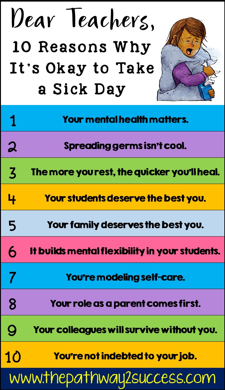 Educators need to be able to take sick days when they need them for physical and mental health needs. Instead of worrying about everyone else, teachers and support staff need to stop and focus on themselves! Here are 10 reasons why. #selfcare #pathway2success