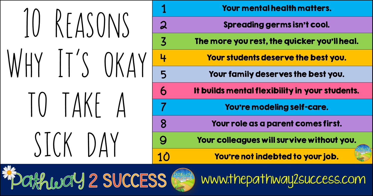 Educators need to be able to take sick days when they need them for physical and mental health needs. Instead of worrying about everyone else, teachers and support staff need to stop and focus on themselves! Here are 10 reasons why. #selfcare #pathway2success