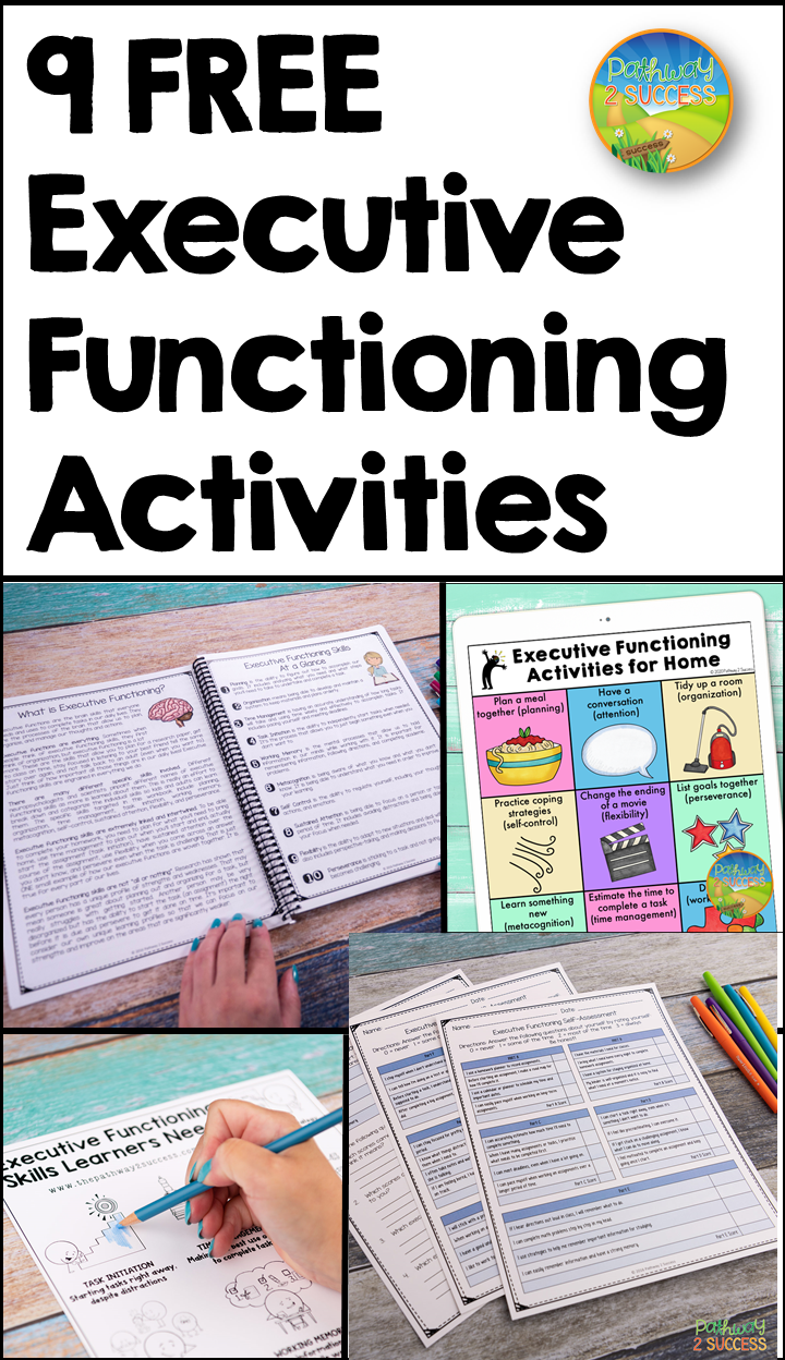 9 FREE executive functioning activities for kids and teens. These are perfect activities and printable worksheets to help students build skills like attention, organization, time management, self-control, and more. Activities include workbooks, posters, coloring pages, and more. #pathway2success
