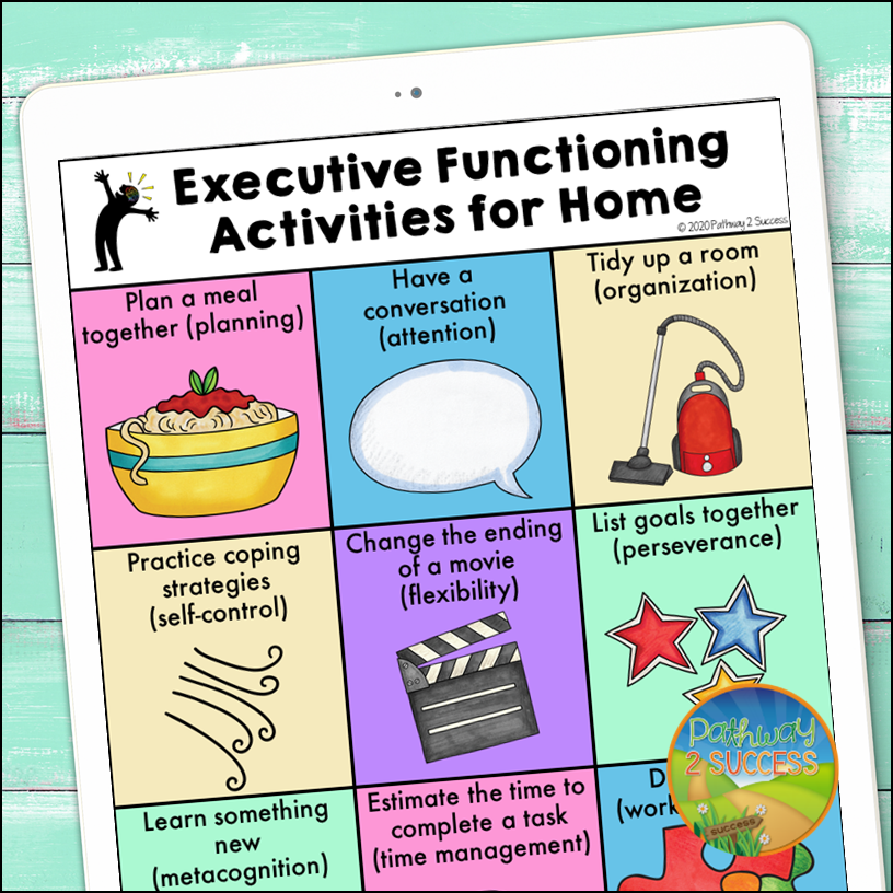 9 FREE executive functioning activities for kids and teens. These are perfect activities and printable worksheets to help students build skills like attention, organization, time management, self-control, and more. Activities include workbooks, posters, coloring pages, and more. #pathway2success