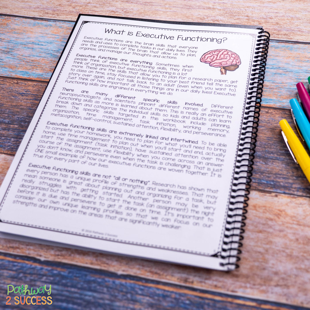 9 FREE executive functioning activities for kids and teens. These are perfect activities and printable worksheets to help students build skills like attention, organization, time management, self-control, and more. Activities include workbooks, posters, coloring pages, and more. #pathway2success