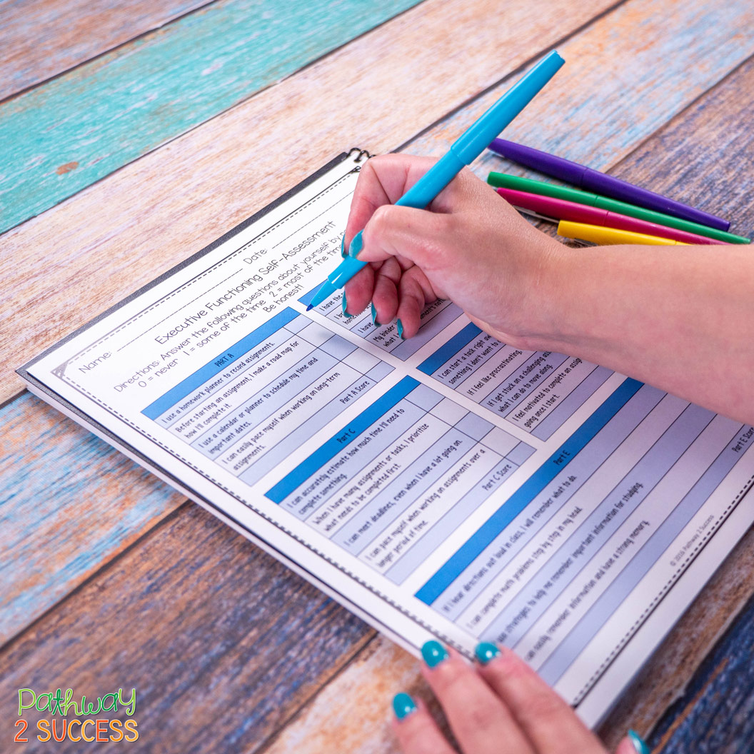 9 FREE executive functioning activities for kids and teens. These are perfect activities and printable worksheets to help students build skills like attention, organization, time management, self-control, and more. Activities include workbooks, posters, coloring pages, and more. #pathway2success