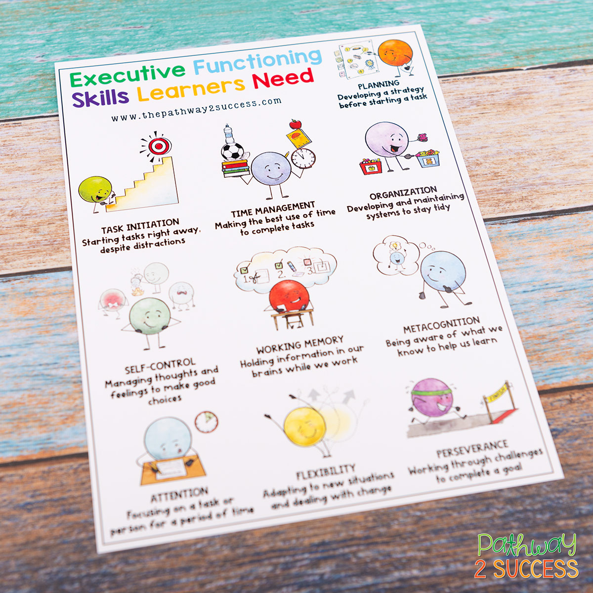 9 FREE executive functioning activities for kids and teens. These are perfect activities and printable worksheets to help students build skills like attention, organization, time management, self-control, and more. Activities include workbooks, posters, coloring pages, and more. #pathway2success