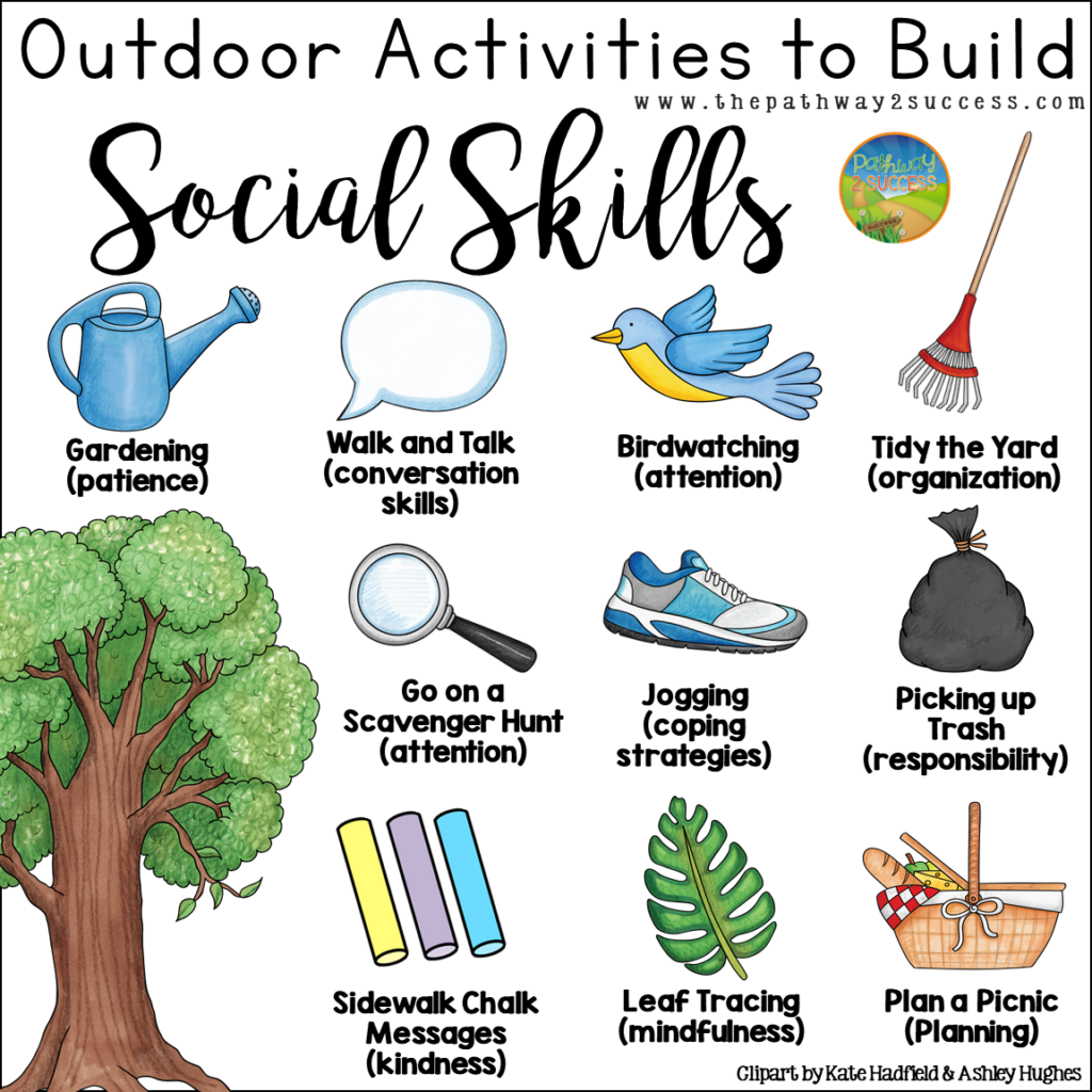 Outdoor activities to help build social skills including patience, attention, conversation skills, responsibility, and much more. Use these activities to help kids work on social emotional learning at home over the summer or anytime of year! #sel #socialskills