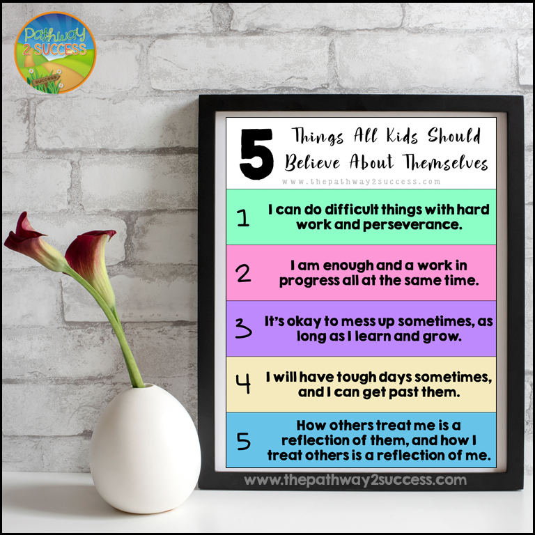 20+ ideas and beliefs all kids and teens should believe about themselves. Kids and teens need a more positive mindset to approach challenges, overcome problems, and reach their goals. Use this article with some fun free posters and activities to help.