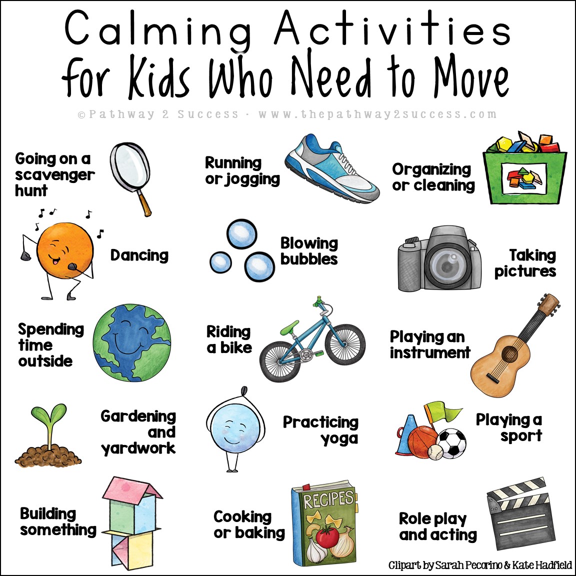 Visual showing calming strategies for kids who need to move, including running, practicing yoga, and building something.