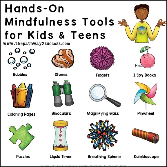 Hands-on mindfulness tools for kids and teens including a pinwheel, liquid timer, coloring pages, and books.