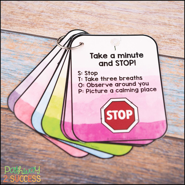 Mindful activity cards on a ring that students can use