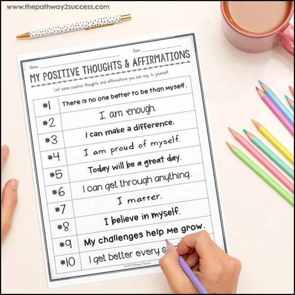 Positive thoughts and affirmations for kids to practice self-awareness skills.