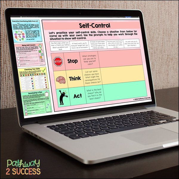 Digital self-control mini-lesson in executive functioning workbook with words: Stop, think, and act.
