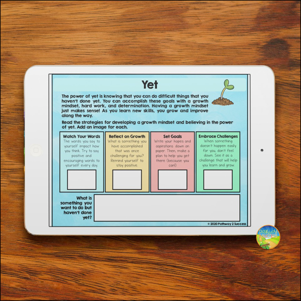 Executive functioning digital lesson for yet including teaching how to watch your words, reflect on growth, set goals, and embrace challenges.