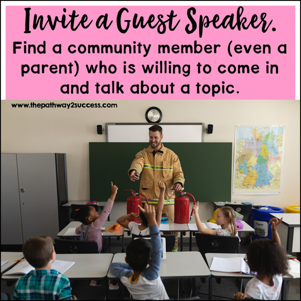 A firefighter guest speaker answering questions in a classroom